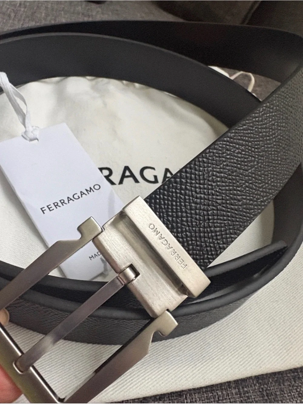 Salvatore Ferragamo Black Textured Leather Belt with Brushed Silver Buckle